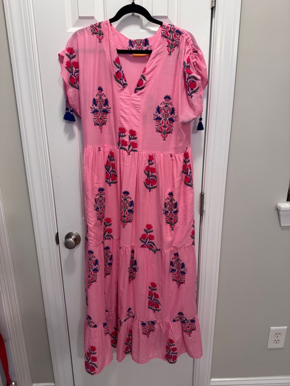 Oliphant Pink Embroidered V-Neck Dress with Blue and Red Floral Accents